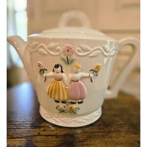 Vintage porcelier vitreous‎  china teapot, Dutch children with flowers